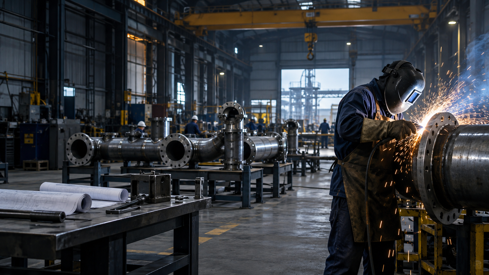 Welder fabricating a steel pipe spool in an organized industrial workshop