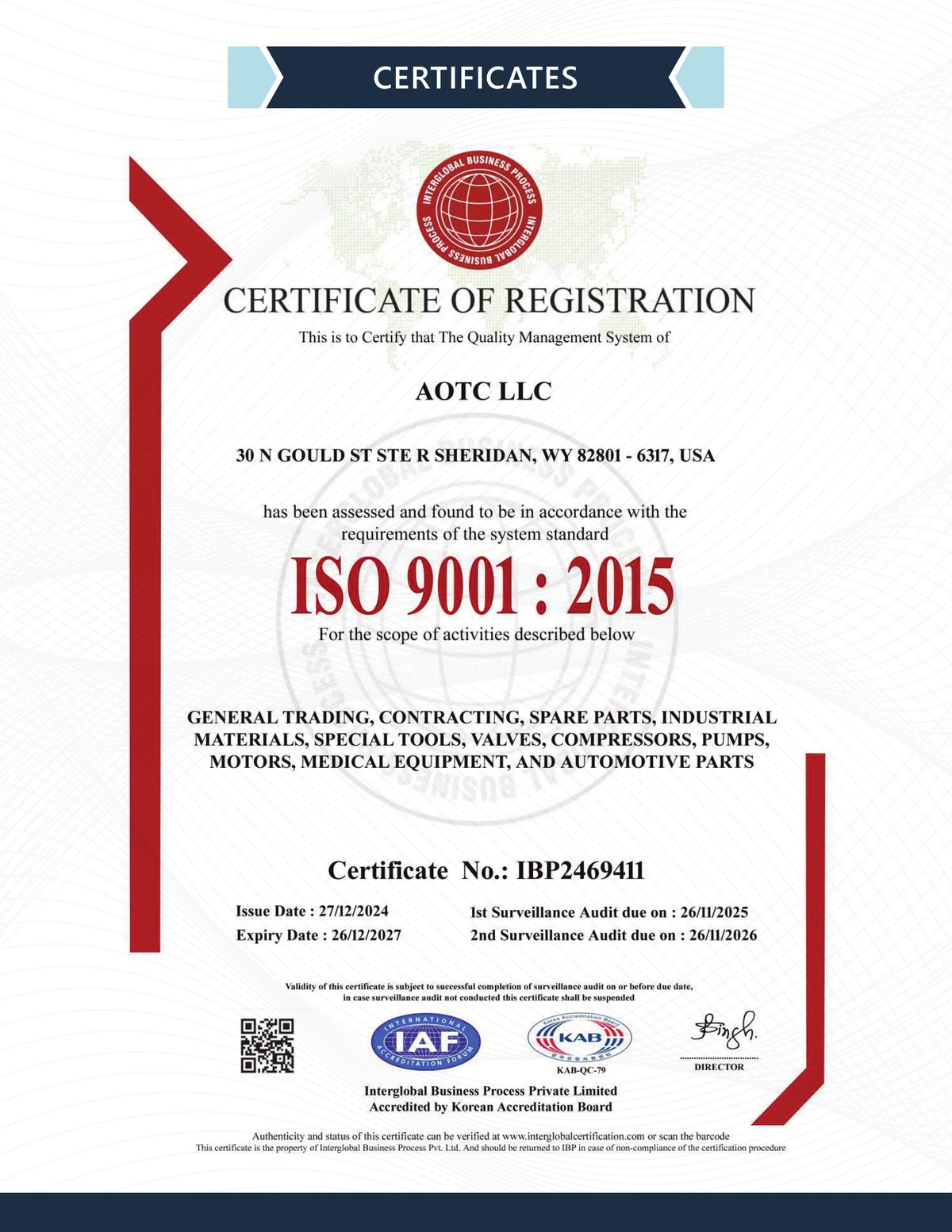 Preview of AOTC LLC ISO 9001:2015 certificate