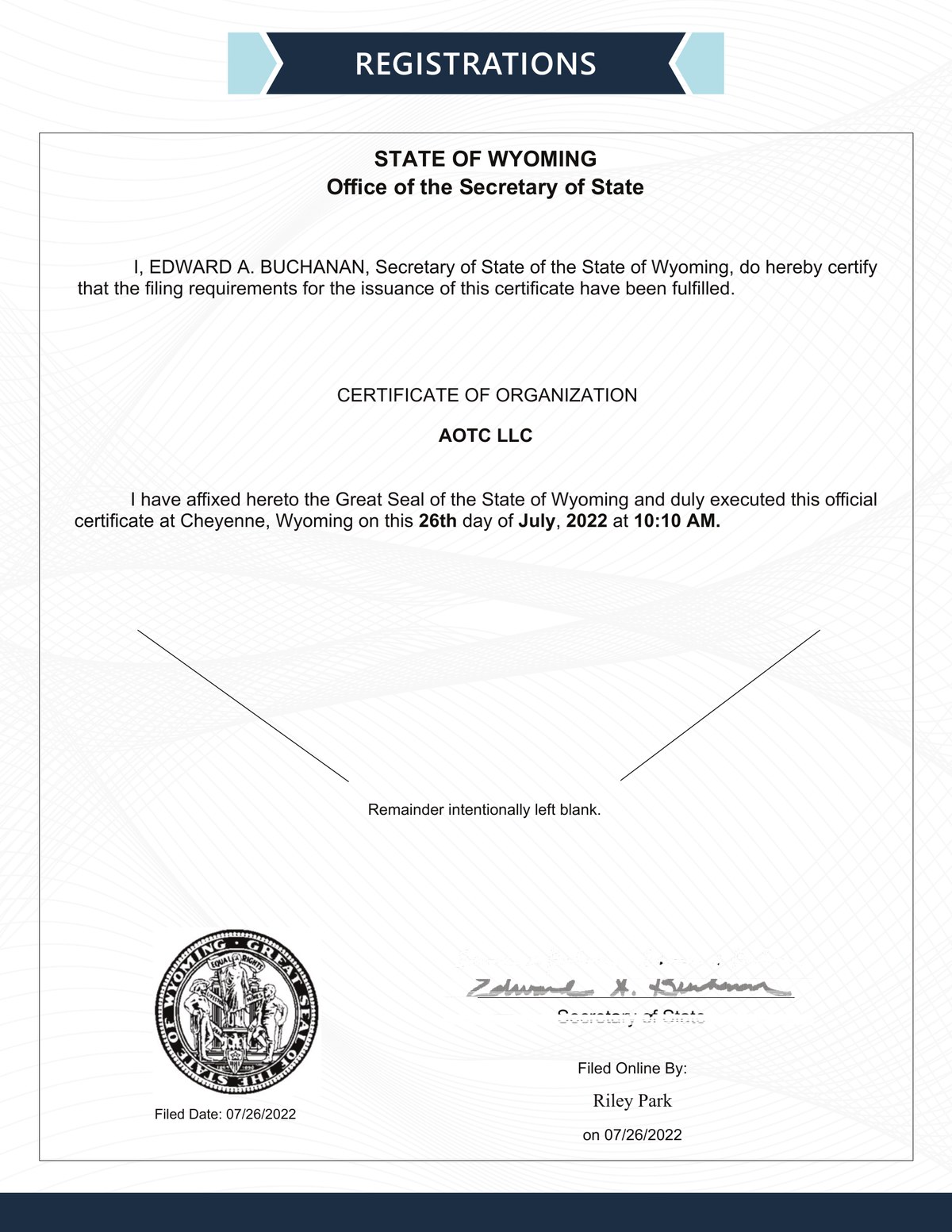 Preview of AOTC LLC Wyoming Certificate of Organization